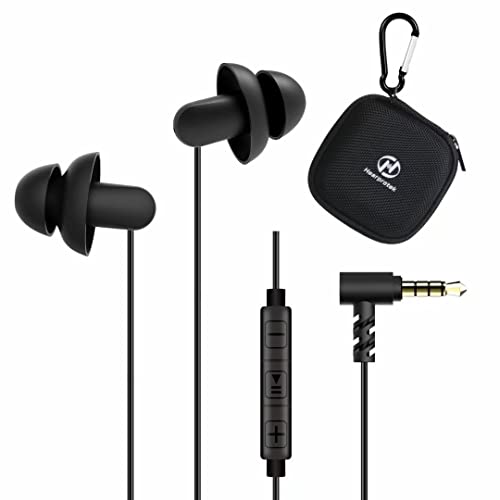 Sleep Earbuds, Hearprotek 2 Pairs Ultra Soft Lightweight Silicone Sleeping Earphone Headphones with Volume Control and mic for Side Sleeper, Snoring, Air Travel, Relaxation (Black) - 3.5mm Plug