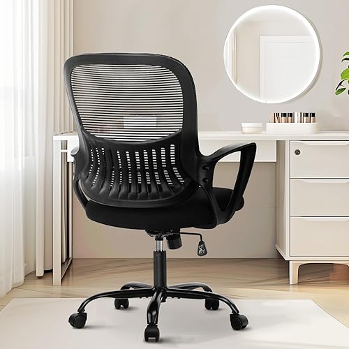 Sweetcrispy Office Computer Desk Managerial Executive Chair, Ergonomic Mid-Back Mesh Rolling Work Swivel Chairs with Wheels, Comfortable Lumbar Support, Comfy Arms for Home,Bedroom,Study,Student,Black - Black - Modern