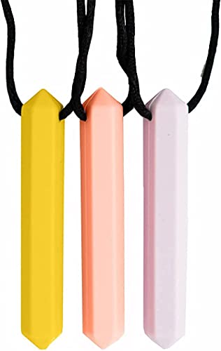 Tilcare Chew Chew Pencil Sensory Necklace 3 Set - Best for Kids or Adults That Like Biting or Have Autism – Perfectly Textured Silicone Chewy Toys - Chewing Pendant for Boys & Girls - Chew Necklaces - peach / yellow / pink