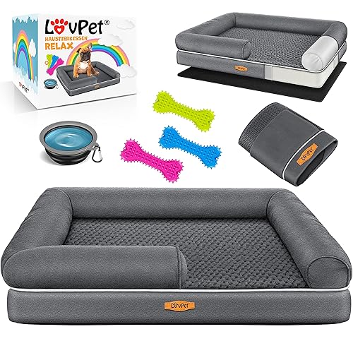 Lovpet® Orthopädisches Hundebett Hundekissen Hundekorb Relax, Inkl. Napf + 3X Kauknochen, Hundesofa für Kleine, Mittelgroße & Große Hunde, Bezug abnehmbar und waschbar, 91x71x22cm Anthrazit - M (91 x 71 x 25 cm) - Anthrazit