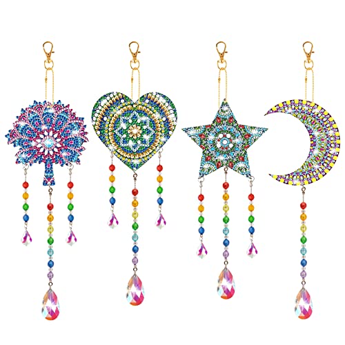 Coldairsoap 4 Pack Diamond Painting Suncatcher, Diamond Painting Wind Chimes Double Sided Crystal Gem Paint by Number Diamond Painting for Home Garden Decoration (Style 1) - Style 1