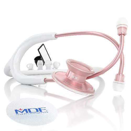 MDF Acoustica Lightweight Stethoscope for Doctors, Nurses, Students, Home Health Use, Adult, Dual Head, White Tube, Rosegold (Matte Finish) Chestpiece-Headset, MDF747XPRG29 - RoseGold (Matte) - White