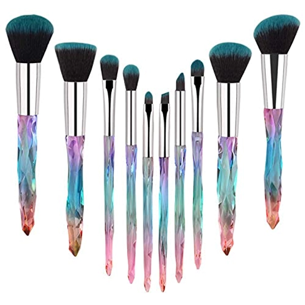 Makeup Brushes Set Crystal Handle - 10pcs Colorful Diamond Cosmetic Kabuki Brushes Foundation Concealer Face Powder Eye Shadows Highlight Brush Kit For Makeup - 5-Blue