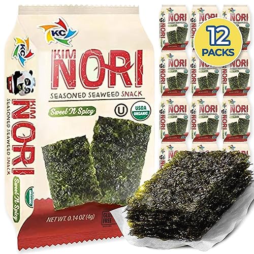 KIMNORI Seasoned Seaweed Snacks Sheets – Organic Sweet 'N Spicy Flavor 12 Individual Packs Roasted Crispy Premium 100% Natural Laver Kim Nori 4g 0.14 Ounce 김 のり 海苔 紫菜 - Sweet & Spicy