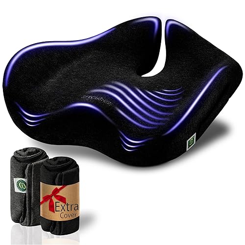 Pressure Relief Seat Cushion for Tailbone Pain – X Large Office Chair Cushion for Butt, Back Pain, Coccyx & Sciatica Pain Relief Pillow. Memory Foam Seat Cushions for Office Chairs. Extra Cover(Black) - Black