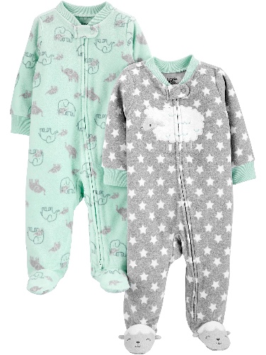 Simple Joys by Carter's Unisex Babies' Fleece Footed Sleep and Play, Pack of 2 - Newborn Mint Green/Grey, Elephant