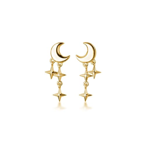SLUYNZ 925 Sterling Silver Tiny Moon Star Earrings Studs for Women Teens Small Moon Studs Earrings Star Drop - B-Gold Plated