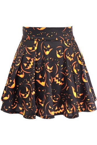 Scary Pumpkin Print Stretch Lycra Skirt - XSmall / black/orange
