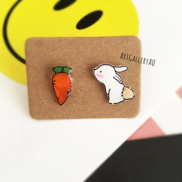 Kawaii Bunny Rabbit Handmade Stud Earrings, Cute Animal Studs, Carrot Earrings, Mismatched Earrings, Gift for Her,Easter