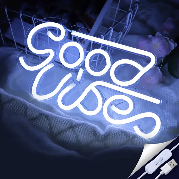 Good Vibes Neon Sign (13"x 7"), Homagical Acrylic Board Neon Lights for Bedroom, USB Powered LED Neon Signs for Wall Decor, Bar Makeup Room Girls Women Lover Party Birthday Christmas Gifts (White)