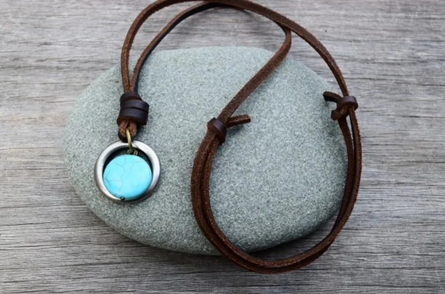 Leather Turquoise Howlite Stone Necklace | Etsy
