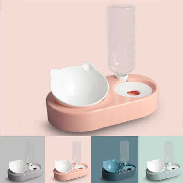 Cat Dog Food Bowl & Automatic Water Dispenser | Raised Tilted Non-Slip Elevated Pet Dish by PetWithMe - Pink