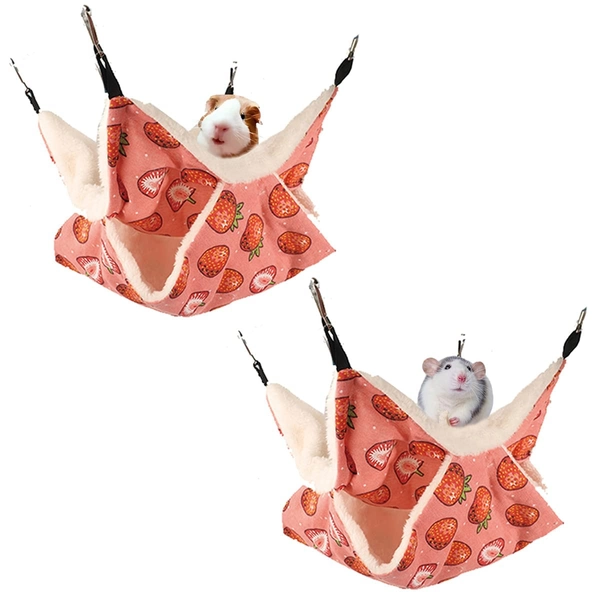 LEFTSTARER Pet Small Animal Hanging Hammock Ferret Bunkbed Hammock Cage Toy for Hamster Rat Sugar Glider Parrot Guinea Pig Hideout Play Sleep (Strawberry X 2pcs) Pink