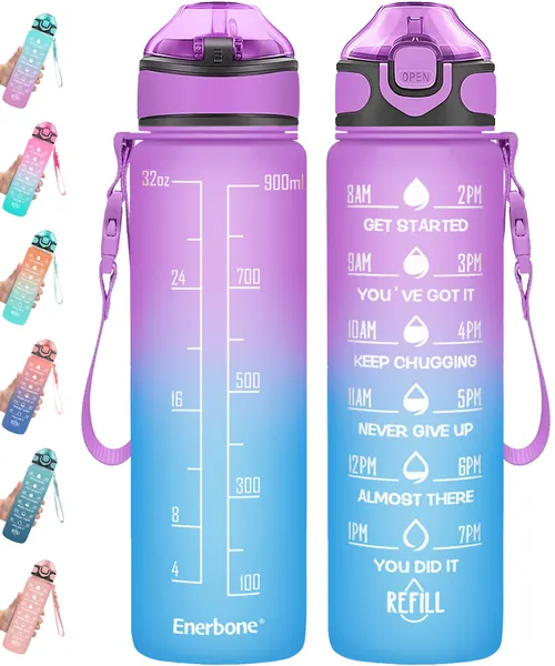 Enerbone 32 oz Water Bottle with Times to Drink and Straw, Motivational Drinking Water Bottles with Carrying Strap, Leakproof BPA & Toxic Free, Ensure You Drink Enough Water for Fitness Gym Outdoor - Purple Blue