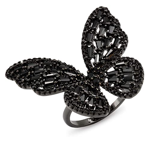 Lavencious Art Cocktail Butterfly Fashion Ring Size Adjustable from 6-8.5 Cubic Zirconia Jewelry for Women - Jet Black