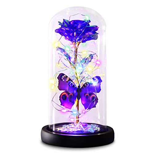 Greenke Mothers Day Rose Gifts for Mom, Galaxy Purple Butterfly Rose in Glass Dome, Light Up Forever Rose Birthday Gifts for Women Mom Grandma, Eternal Rose Gift for Her Valentines Mothers Anniversary - Purple