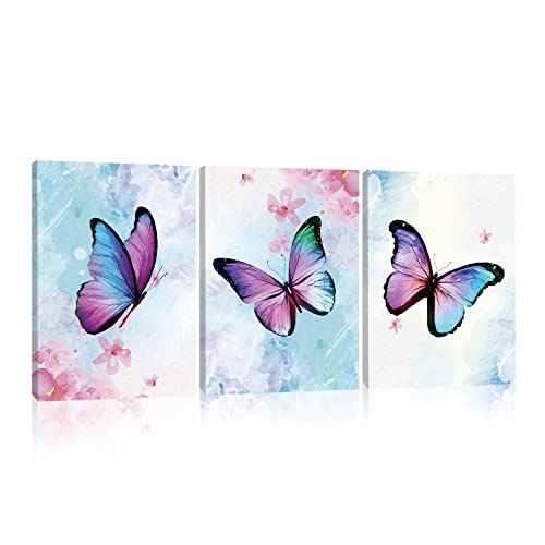 MZYHOME Butterfly Canvas Wall Art Decor 3 Piece Fantasy Girls Wall Art Watercolor Art Print Butterflies for Wall Art Living Room Bedroom Canvas With Wood Framed 12x16 Inch