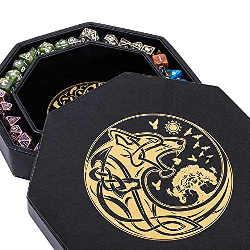 DND Dice Tray - Premium 8 Inch Dice Tray Dungeons and Dragons - Exquisitely Detailed Gold World Tree & Wolf Raven Design - Perfect RPG Dice Rolling Tray with D&D Dice Box Storage to Protect Dice - Gold Wolf