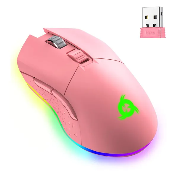 KLIM Blaze Rechargeable Wireless Gaming Mouse RGB + High-Precision Sensor and Long-Lasting Battery + 7 Customizable Buttons + Up to 6000 DPI + Wired and Wireless Mouse for PC Mac and PS4 PS5 - Pink