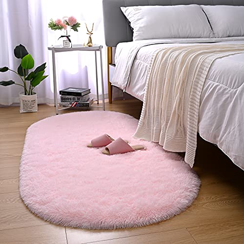 Merelax Soft Shaggy Rug for Kids Bedroom, Oval 2.6'x5.3' Pink Plush Fluffy Furry Carpets for Living Room, Teen Girls Room, Anti-Skid Fuzzy Comfy Rug for Nursery Decor Cute Baby Play Mat - Pink