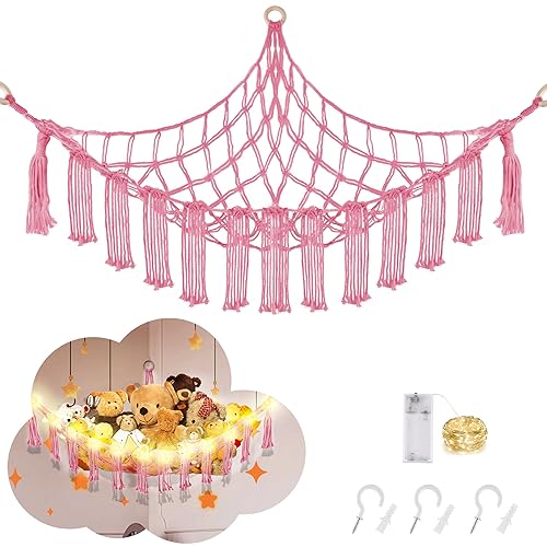 CERETIA Stuffed Animal Hammock with LED Light, Macrame Net for Stuffed Animals Corner, Hanging Stuffed Animal Net or Hammock, Toy Hammock for Stuffed Animals Storage for Kids Toy Storage, Pink - Large-(Package of 1) - Pink