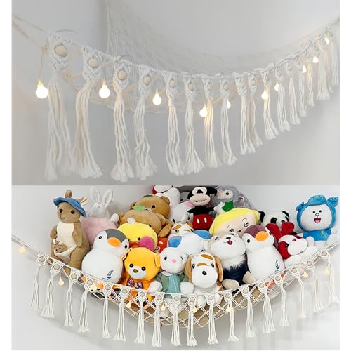 Stuffed Animal Net or Hammock, Boho Macrame Toy Hammock with LED Lights, Decorate Room Space Saving Pet Net for Stuffed Animals, Suitable for Nursery Playroom Kids Bedroom