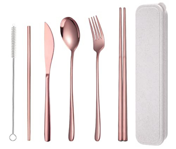 AARAINBOW 6 Pieces 18/8 Stainless Steel Flatware Set Portable Reusable Cutlery Set Travel Utensils Set Including Chopsticks Knife Fork Spoon Straws Cleaning Brush Dishwasher Safe (Rose Gold) - Rose Gold