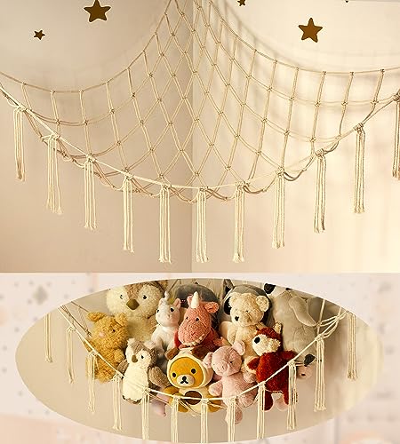 Stuffed Animal Storage Hammock or Net - Large Toy Hammock Net for Stuffed Animals Corner -Cute Hanging Stuff Animal Organizer Holder Ideas for Plush Plushie - Kids Baby Nursery Wall Bedroom Room Decor - Standard (Package of 1) - Beige