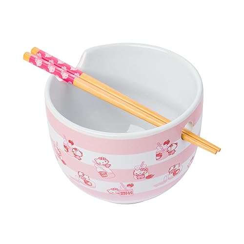 Silver Buffalo Sanrio Hello Kitty Strawberry Milk Pattern Ceramic Ramen Noodle Rice Bowl with Chopsticks, Microwave Safe, 20 Ounces - Hello Kitty Strawberry Milk Pattern