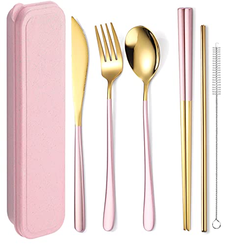 AARAINBOW 6 Pieces 18/8 Stainless Steel Flatware Set Portable Reusable Cutlery Set Travel Utensils Set Including Chopsticks Knife Fork Spoon Straws Cleaning Brush Dishwasher Safe (Pink golden) - Pink golden