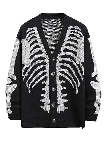 SHENHE Men's Skeleton Print Long Sleeve Cardigan Sweaters V Neck Button Down Outwear Coats - X-Large - Black