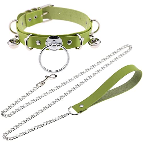 LAIFEKE Mode Punk PU Leder Halsband Metall Ring Choker Gothic Kette Halskette Hals Zubehör Einstellbare Größe - Grün