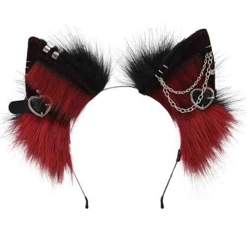 sazpajacos Metall Punk Stil Katze Ohren Kopfbedeckung Tier Ohren Kopfschmuck Anime Verkleidung Requisiten Halloween Karneval Cosplay Kostümzubehör für Erwachsene Frauen Männer - Schwarz und Burgunderrot - Einheitsgröße