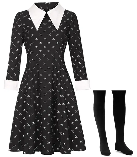 Women Wednesday Addams Dress Halloween Costumes Dress Long Sleeve Cosplay Party Costume - Small Skull Printed Women Wednesday Dress With Socks