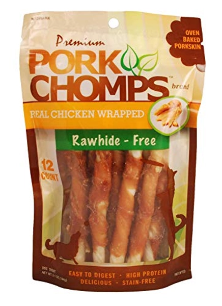 Pork Chomps Baked Pork Skin Dog Chews, 5-inch Mini Twists, Real Chicken Wrap, 12 Count - 12 Count (Pack of 1) - DAA
