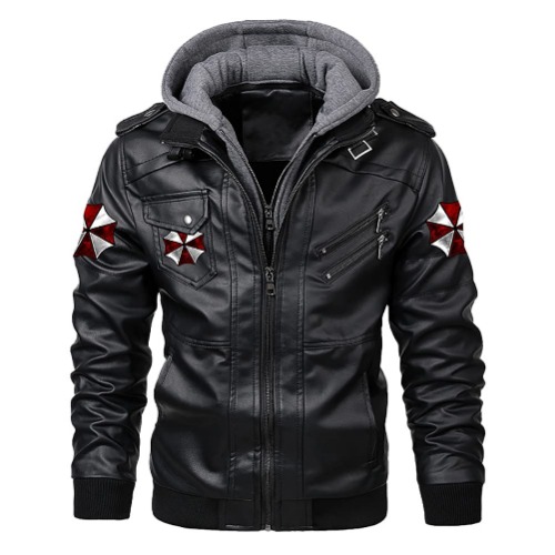 Umbrella Cosplay Men's Leather Jacket-Fall Resident Winter Vintage Motorcycle Biker Jacket with Removable Hood Costume,S-3XL - XX-Large Black