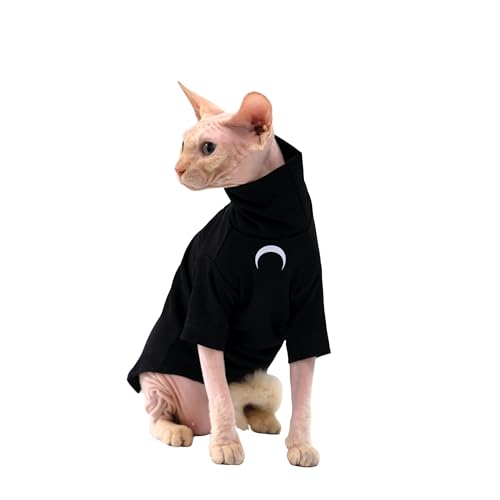 GigglyHouse Sphynx Cat Clothes, Moon Print Turtleneck Cotton T-Shirt for Devon Rex Sphynx Cats (Black, Small) - Small - Black