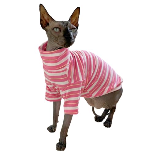 Vintage Stripes Sphynx Hairless Cats Shirt Cotton Cat Turtleneck Pet Clothes Kitten T-Shirts with Sleeves for Sphynx Cats (Sakura, Small) - Small - Sakura