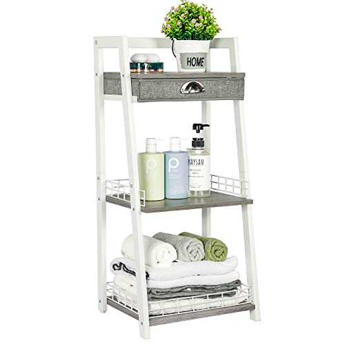 keomaisyto 3-Tier Bathroom Ladder Shelf, Floor Storage Shelf with Drawer, Freestanding Open Tower Shelving Unit for Bathroom Living Room Balcony（White） - White - 3-Tier