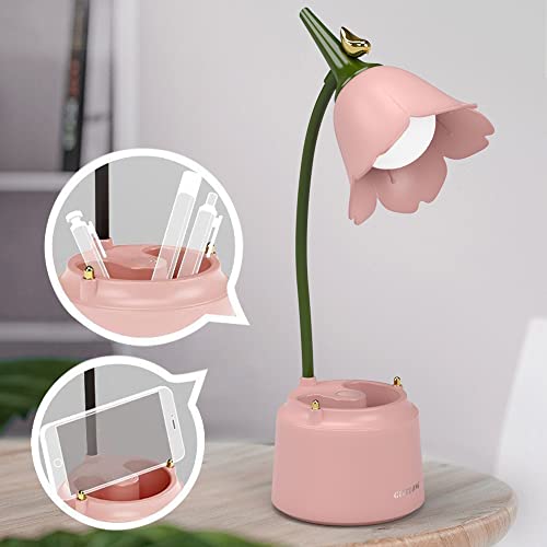 KoudHug Pink Cute Desk Lamp for Kid, Rechargeable LED Lamp with USB Charging Port, Flexible Gooseneck, 3 Color Modes & Stepless Dimming, Table Lamp for College Dorm Bedroom Reading - Pink A
