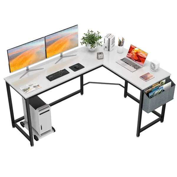 L Shaped Desk 58’’ Corner Desk Computer Gaming Desk PC Table Writing Desk Large L Study Desk Home Office Workstation Modern Simple Multi-Usage Desk with Storage Bag Space-Saving Wooden Table - White