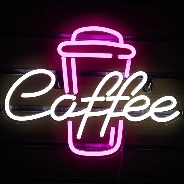 Gamerneon Coffee Neon Sign Pink White LED Word Neon Lights for Cafe Bar Resturant USB Letter Neon Light Signs for Wall Decor Beer Pub Bedroom Birthday Party - coffee cup