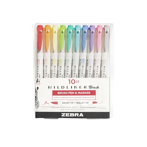 Zebra Pen MILDLINER Dual Tip Brush Pens, Felt Tip Pens For Adults, Bullet Tip & Brush Tip Colouring Pens For Style & Convenience, Double Ended Mildliner For Adult Colouring, Soft & Mild Colours, 10pk - 10 Pack - Assorted Colors
