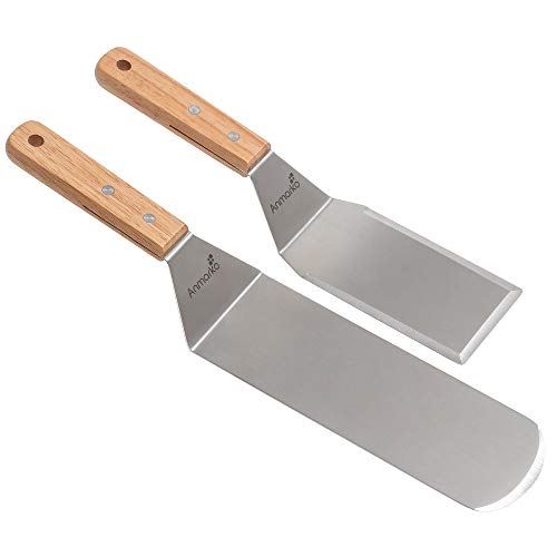 Metal Spatula Set - Griddle Spatula - Teppanyaki spatulas - Griddle Scraper and Pancake Flipper or Hamburger Turner - Stainless Steel Utensil Great for BBQ Grill Flat Top - Commercial Grade - Wooden Handle Set