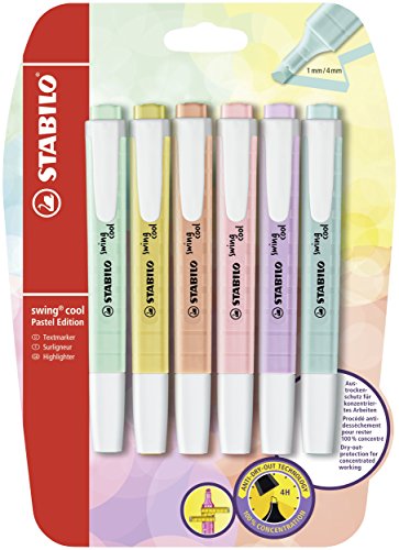 Highlighter - STABILO swing cool Pastel - Pack of 6 - Assorted Colours - Touch of Turquoise, Hint of Mint, Creamy Peach, Pink Blush, Milky Yellow, Lilac Haze - Pack of 6
