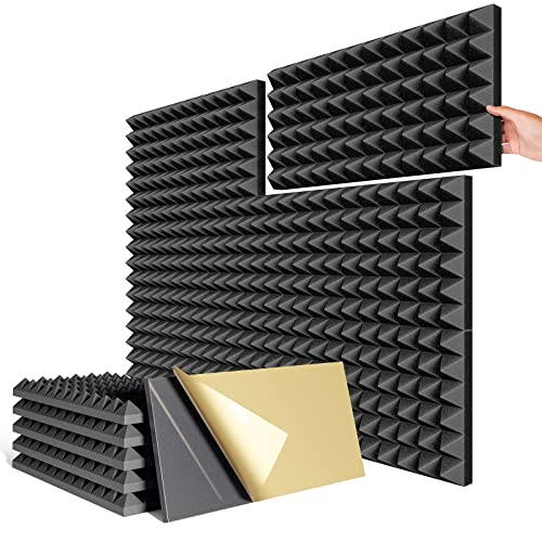 HYCHINS 12 Pack Self-adhesive Sound Proof Foam Panels-24" x 12" x 2" Acoustic Foam Panels Pyramid Design Acoustic Panels Fast Expand Soundproof Wall Panels Absorbs Sound and Eliminates Echoes - 2 Inch 12 Pack - Black