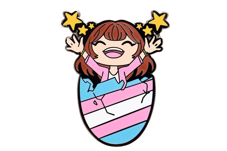 Trans Pride Flag Egg Crack Femme Gender Euphoria Kawaii Chibi Style Enamel Pin, 1.25 inches, Metal, star