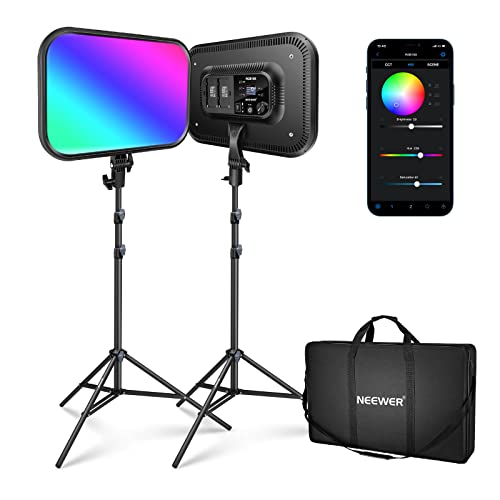 NEEWER 18.3" RGB LED Video Light Panel with App Control Stand Kit 2 Packs, 360° Full Color, 60W Dimmable 2500K~8500K RGB168 LED Panel CRI 97+ with 17 Scene Effect for Game/YouTube/Zoom/Photography - Black