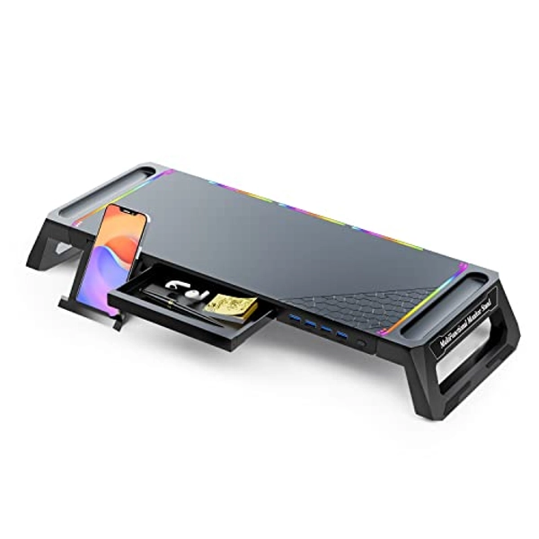 MOOJAY Monitor Stand for Desk RGB Gaming Lights with 4 USB 3.0 Hub, Foldable Computer Screen Riser with Storage Drawer and Phone Holder, Desk Organizer with Pen Tray for PC/Laptop/iMac - Black