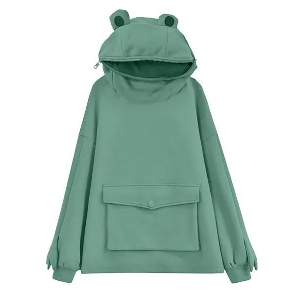 BEIBEIA Women's/Girl's Cute Frog Hoodie Pullover Zipper Mouth Hooded Sweatshirt with Large Front Pocket,Plus Size Tops - Small Green